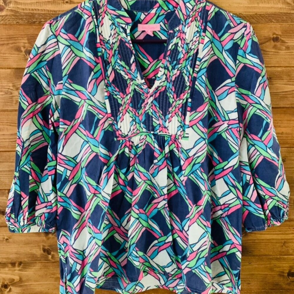 Lilly Pulitzer V-neck Rope Print‎ Blouse Top Women Size S Blue Pink Cotton